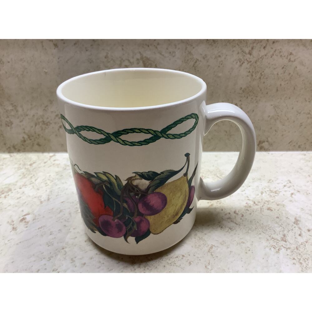 Hudson Valley Pattern Coffee Mug Featuring Fruits, Leaves and a Rope-Like Trim
